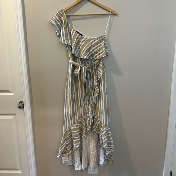Lulus High Tide One-Shoulder Yellow & White Striped Midi Dress Size Small - Picture 3 of 12